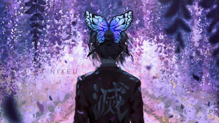 Japanese characters, butterfly, hair pins, Kochou Shinobu, Kimetsu no Yaiba, Nixeu, purple background, dark hair, anime girls, black hair