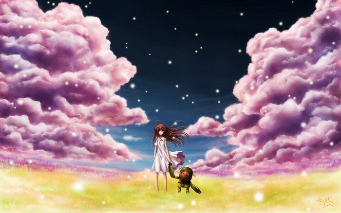 sky, field, outdoors, Clannad, long hair, stars, anime, anime girls, clouds