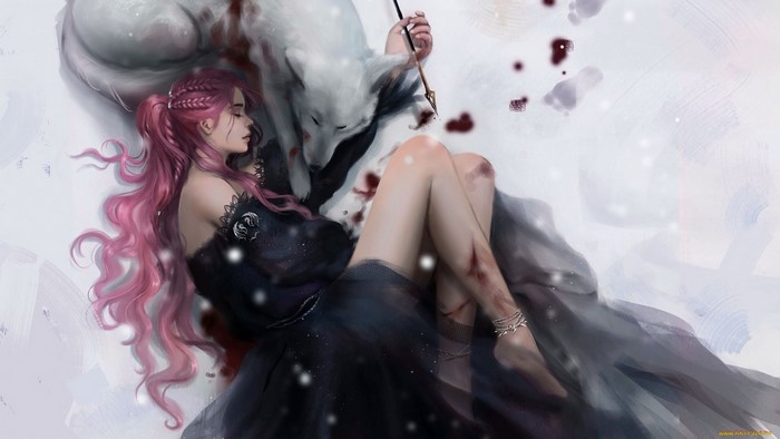 blood, fantasy art, pink hair, legs, barefoot, wolf, animals, artwork, long hair, mammals, wounds, fantasy girl, closed eyes, women