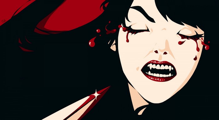 vampires, artwork, Bleeding Eyes, women, minimalism, closed eyes, horror, teeth, blood