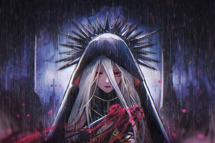Dungeon and Fighter, trees, anime girls, cemetery, blood, long hair, dark templar, cross, rain, anime, spikes, red eyes, blonde