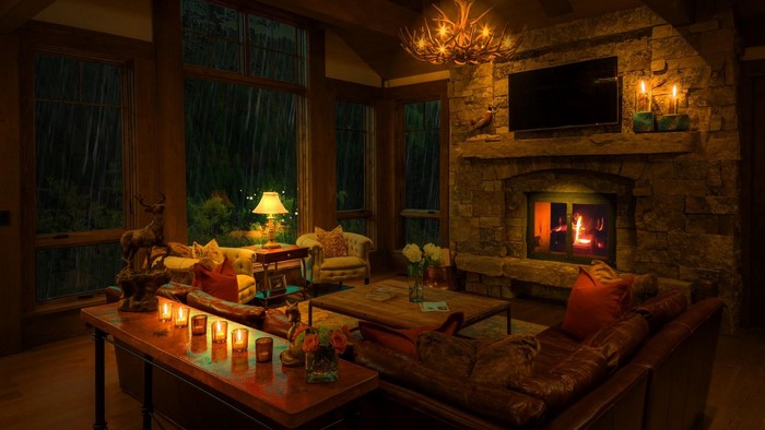 Cozy Interior Living Room with Fireplace and Candles