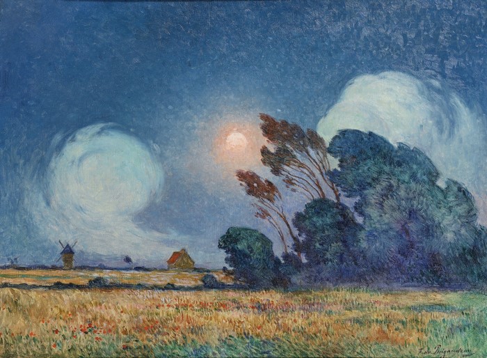 nature, moonlight, trees, clouds, traditional art, grass, impressionism, Ferdinand Loyen du Puigaudeau, landscape, oil painting