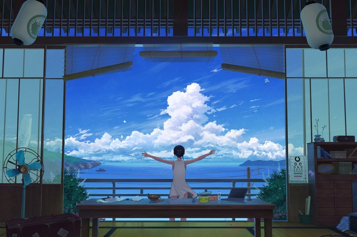 clouds, eye test, artwork, seagulls, suitcase, letter, LoFi, Asian, laptop, blinds, summer, Chinese lantern, Japanese, Pikachu, mountains, digital art