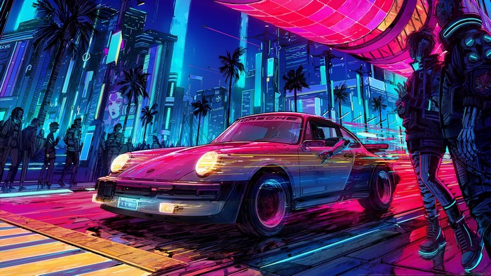 4K, digital art, video game art, video games, Cyberpunk 2077, Retro car, neon, watermarked, cyberpunk, Porsche
