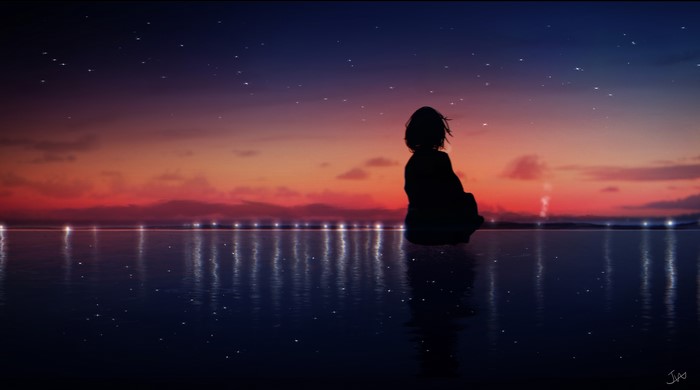 4K, sunset, anime, anime girls, HuashiJW