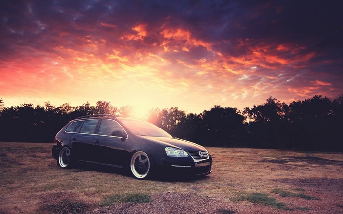 Volkswagen Jetta, sunset, car, low car