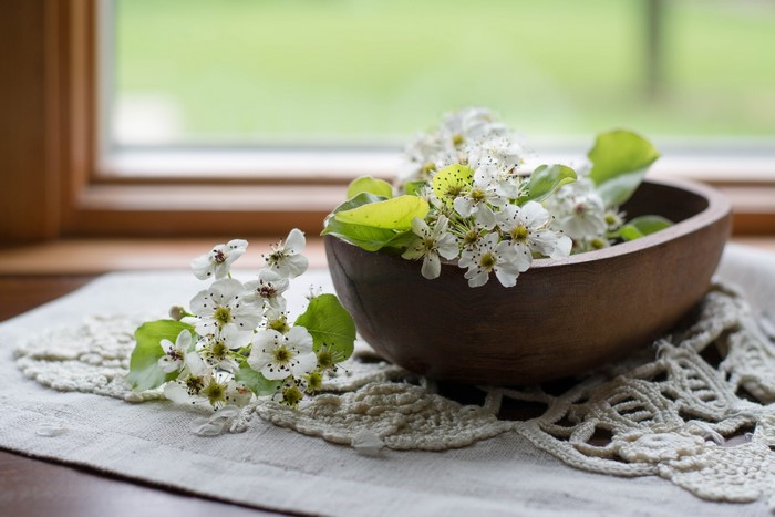 flowers, wood bowl, plants, fruit bowl, indoors