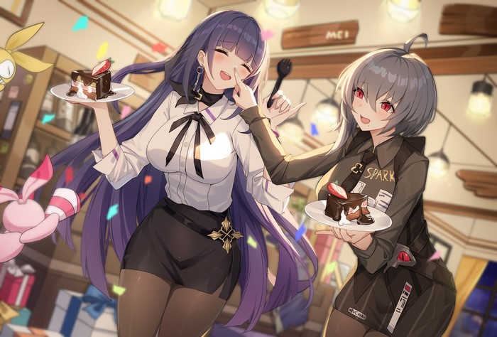 short hair, Raiden Mei, long hair, anime, anime girls, Honkai Impact 3rd, Honkai, Wu Ganlan Cai, Honkai Impact, cake