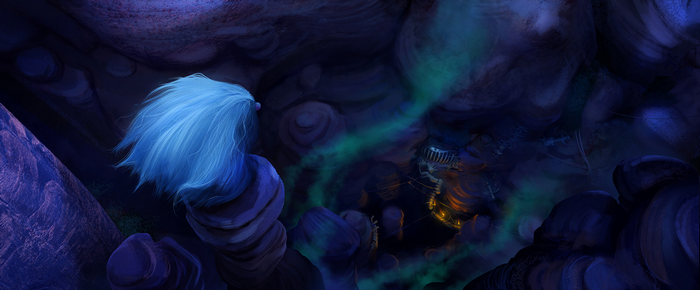 Gran in a dark cave with a creature