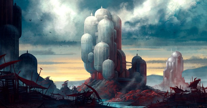futuristic, digital art, ruins, Tomeu Riera, fantasy architecture, fantasy art, building