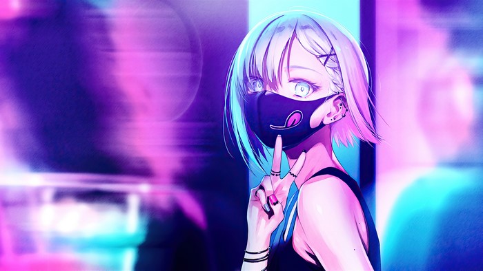 4K, anime girls, straps, OmegaHD, pink, anime, mask, peace sign, colorful, short hair