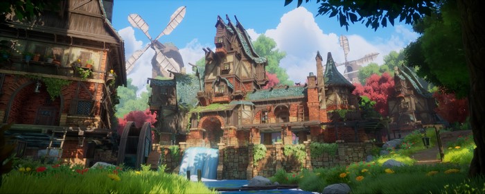 mill, windmill, water, flowers, CGI, architecture, Peter Tran, bricks, clouds, grass, sunlight