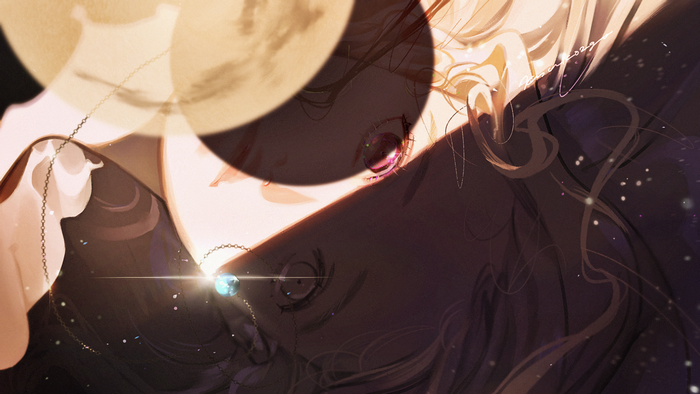 Moon, anime, long hair, anime girls, blonde, shadow, women, necklace