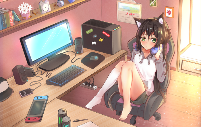 cat girl, animal ears, tail, anime girls