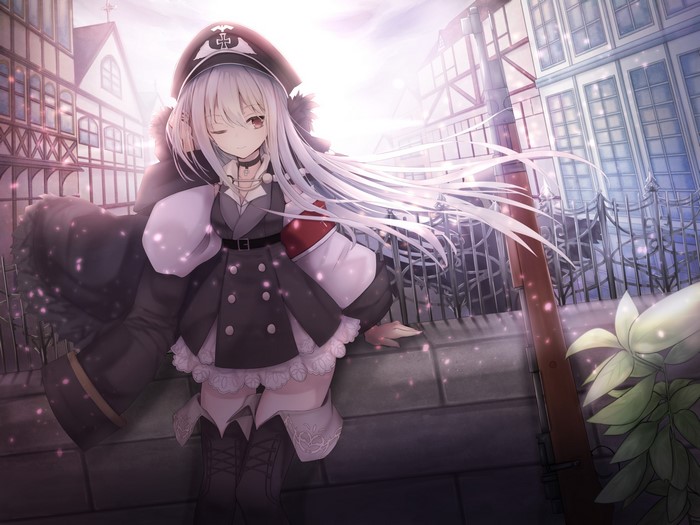 brown eyes, Nishina Kakeri, artwork, uniform, white hair, Girls Frontline, anime girls, Kar98k (Girls Frontline), long hair, one eye closed