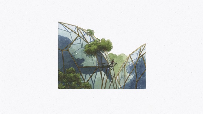 watercolor, architecture, solarpunk, nature, drawing