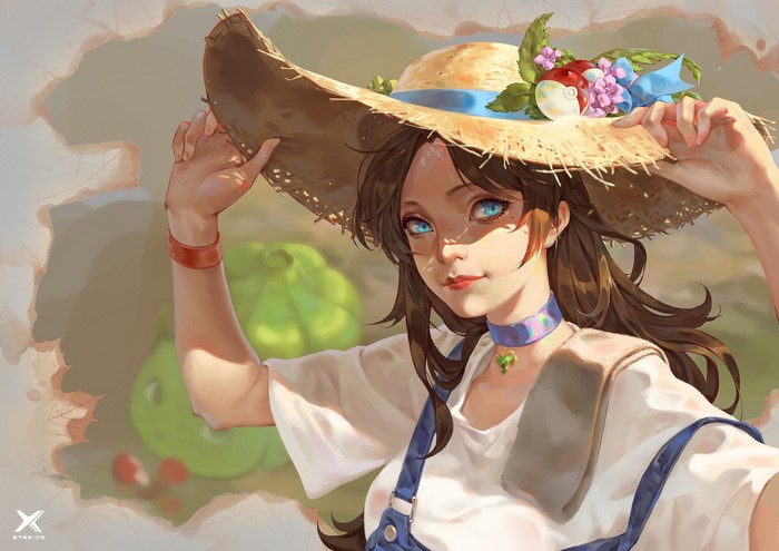 women, brunette, artwork, blue eyes, hat, straw hat
