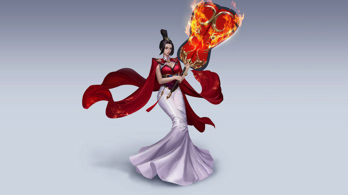 4K, brunette, fantasy girl, digital art, simple background, artwork, dress, gradient, cleavage, fire, drawing, original characters, fantasy art, looking at viewer, illustration, fans, women