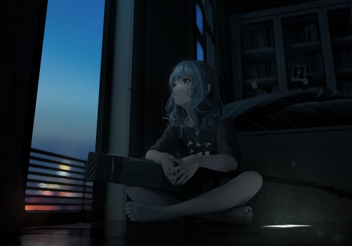 4K, feet, room, anime girls, legs, night, Suisei Hoshimachi, window