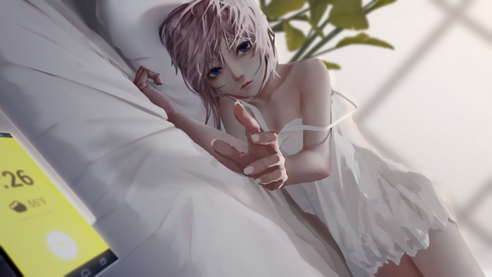 anime girls, short hair, cellphone, original characters, Laxy, long nails, in bed, purple eyes