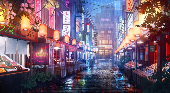 digital art, rain, Market, Surendra Rajawat, Japanese Art, night, street
