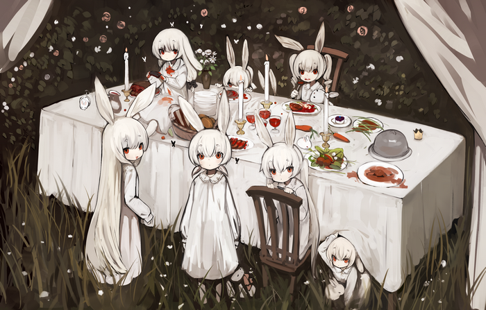 dishes, rabbits, blonde, anime, chair, eating, candles, Toy, long hair, bread, loli, red eyes, bunny ears, table, grass, wine glass, meat, flowers, anime girls