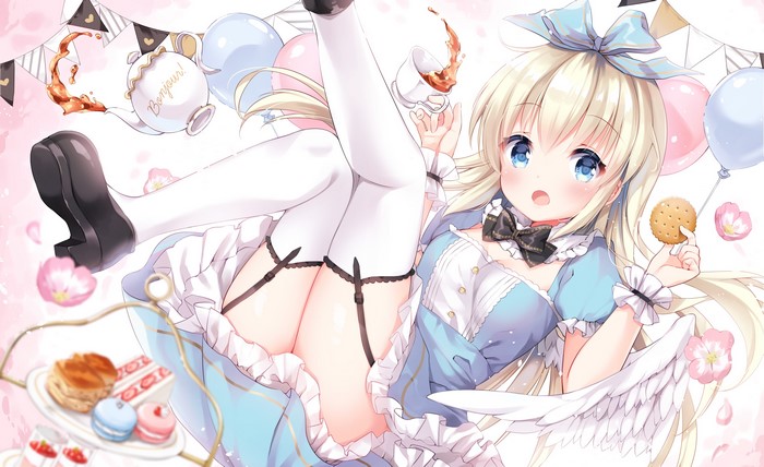 4K, long hair, garter straps, blue eyes, white thigh highs, Alice in Wonderland, Irori, thighs, blonde, wings, Virtual Youtuber, dress, cosplay, anime girls