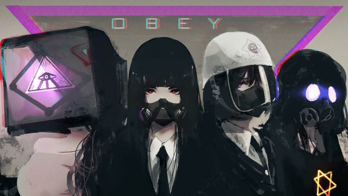 red eyes, anime, anime girls, looking at viewer, mask, tie, dark hair, pink eyes
