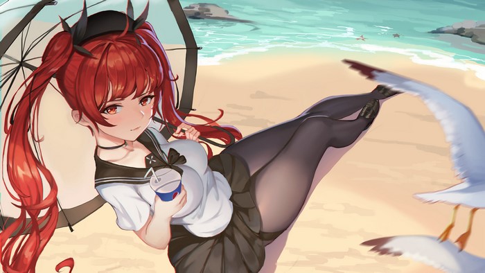 4K, umbrella, pantyhose, redhead, artwork, Honolulu (Azur Lane), twintails, anime, anime girls, school uniform, beach, God Hunter, Azur Lane