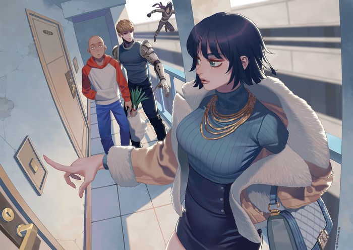 4K, fan art, Fubuki, alternate costume, fur coats, motion blur, short hair, miniskirt, green eyes, Saitama, green sweater, Sonic (One Punch Man), bangs, thighs, long sleeves, black hair, cyborg, women outdoors, juicy lips, pink lipstick, ninjas, black skirts, anime girls, jewelry, One-Punch Man, curvy, men outdoors, sleeveless shirt, bag, parted lips, artwork, bob hairstyle, bald head, anime boys, pink nails, turtlenecks, Genos, 2D, Hongcasso, black sclera, anime, black pants