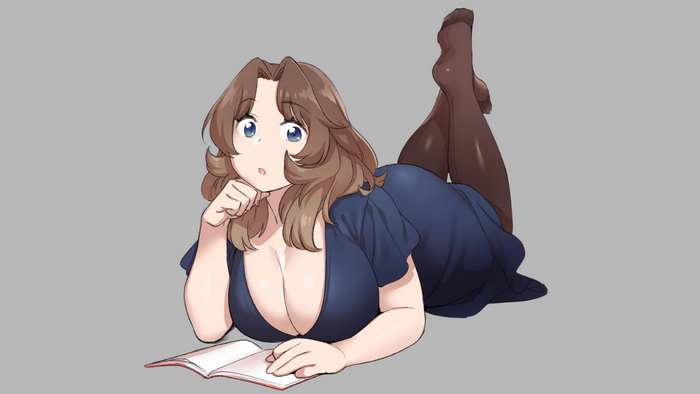 lying on front, cleavage, pantyhose, Agawa Ryo, simple background, anime girls, anime, tights