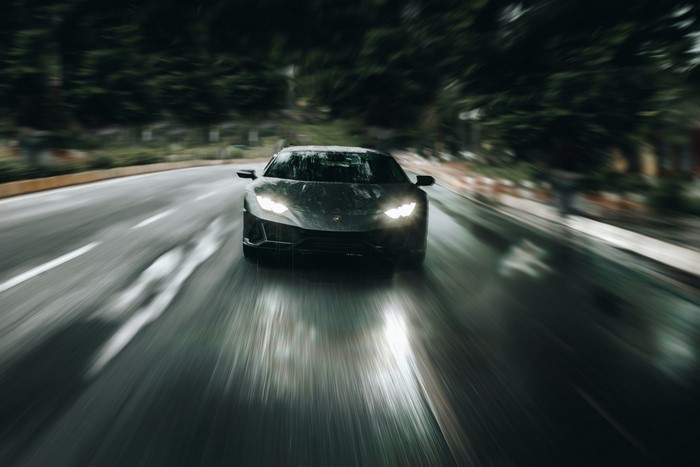 car, Lamborghini, road, rain, motion blur