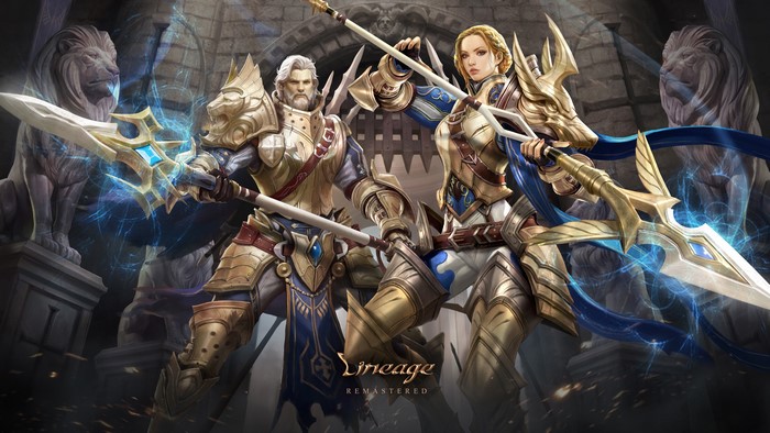 women, blonde, lion, spell, weapon, silver hair, drawing, Paladin, men, beard, warrior, video game art, gold, Kim Sung Hwan, Lineage, spear, statue, armor