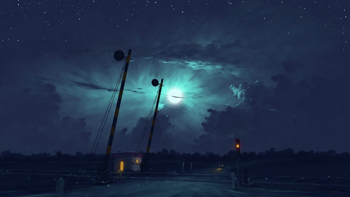clouds, landscape, car, night, BisBiswas, digital art, artwork, Moon, sky