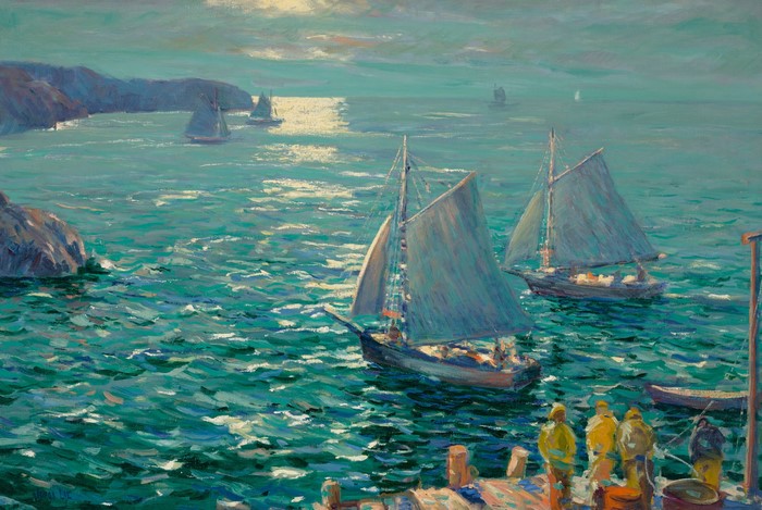 boat, landscape, water, painting, sailing ship, coast
