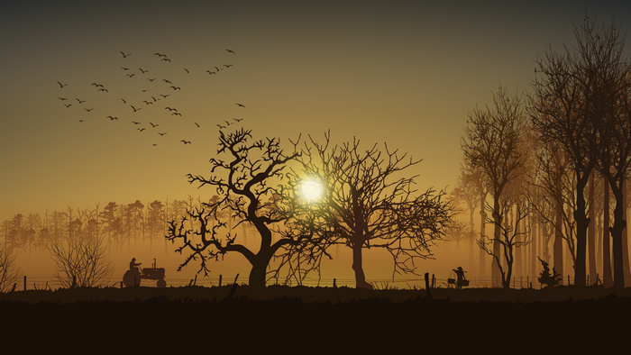 4K, birds, farmers, outdoors, vector graphics, Sun, silhouette, vector, sky, vehicle, metalanguage, Stan Prokopenko, vector art, trees, orange sky, tractors, animals, antographics, digital, illustration, sunrise, dawn