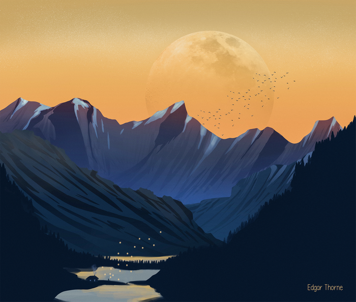 gradient, lake, Moon, sunset, mountains, sunrise