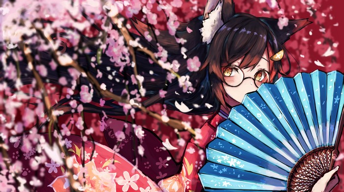 4K, looking at viewer, long hair, barrette, brunette, anime, kimono, red eyes, sakura (tree), Japanese kimono, Hololive, glasses, hand fan, Ookami Mio, anime girls, animal ears