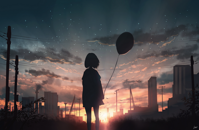 outdoors, dark, cityscape, anime girls, sky, sunlight, balloon, anime, stars