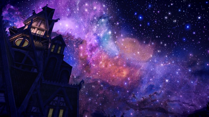 4K, purple, stars, Whiterun, sky, landscape, Skyrim Remastered, blue, galaxy