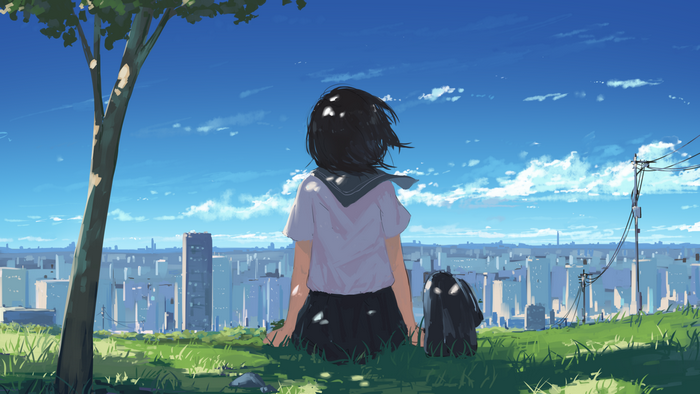 original characters, schoolgirl, Arttssam, anime girls, cityscape