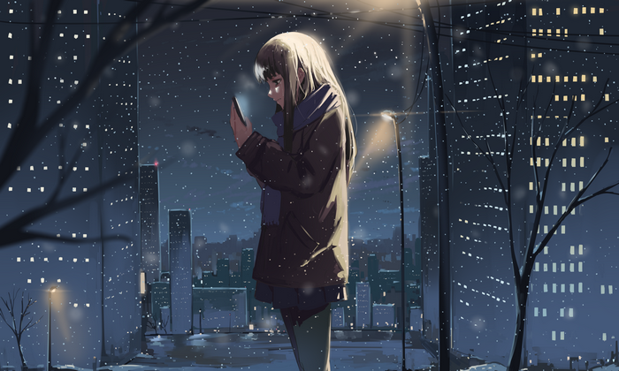 4K, cityscape, anime girls, winter, night, original characters, Arttssam