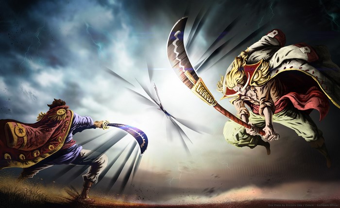 Epic Battle Scene from One Piece Featuring Roger and White Beard
