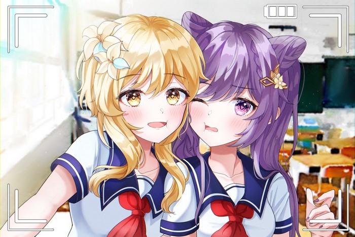 anime, classroom, Keqing (Genshin Impact), selfies, anime girls, school uniform, Ryunbi, Genshin Impact, Lumine (Genshin Impact)