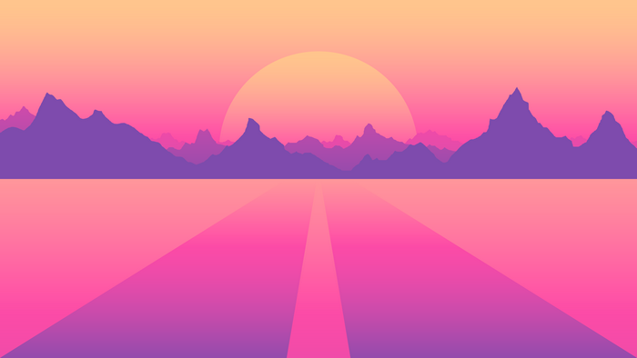 4K, pink, material minimal, minimalism, purple background, mountains, OutRun, synthwave, road, pink background, simple, Retrowave, digital art, material style, purple, simple background