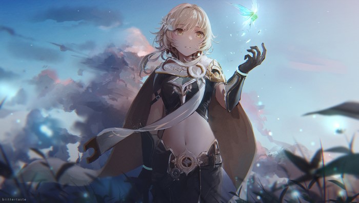yellow eyes, Genshin Impact, blonde, anime, clouds, Biittertaste, Lumine (Genshin Impact), navels, anime girls, cape, cloaks