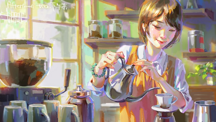 tea, anime girls, original characters, women, Shengyi Sun