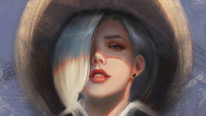video game art, video game girls, women, Overwatch, PC gaming, Ashe (Overwatch), face, red lipstick, looking at viewer