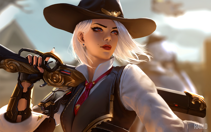 weapon, red lipstick, PC gaming, Ashe (Overwatch), video game girls, women, video game art, girls with guns, hat, women with hats, painted nails, Overwatch, red eyes